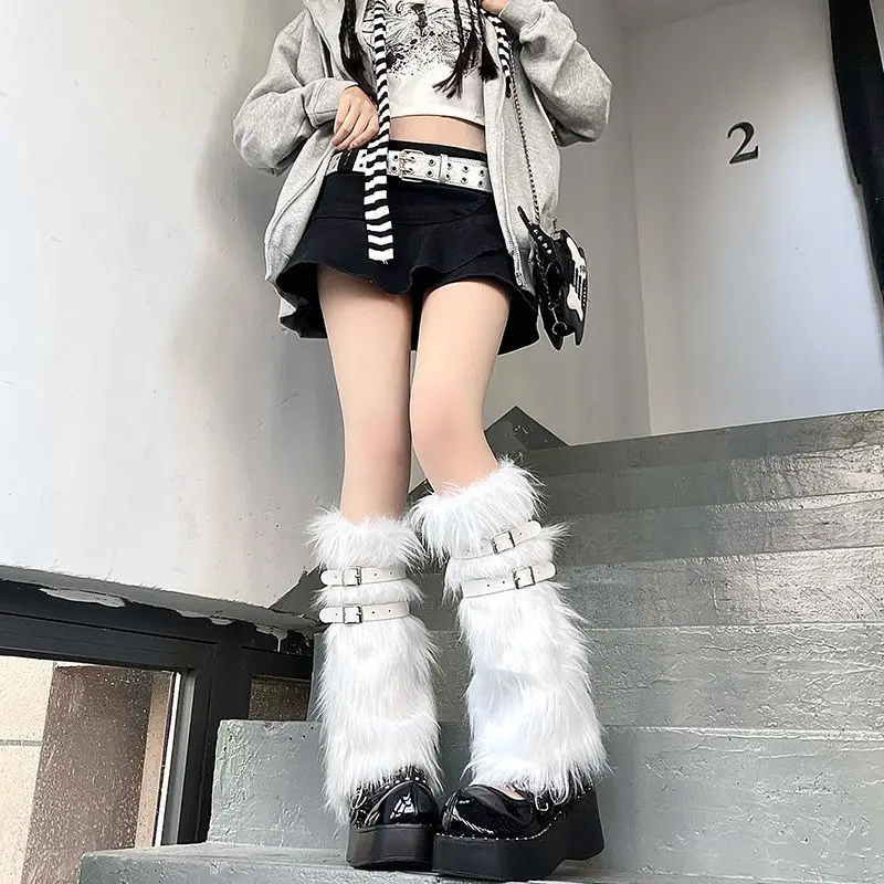 

Women's Fluffy Fur Leg Warmers Lolita Goth Hand Warmer Y2k Socks Leggings Japanese Knit Socks Legs Cover Cosplay Accessories