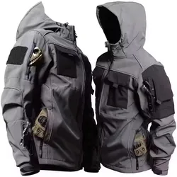 Men's Autumn Winter Tactical Soft Shell Waterproof Windproof Hooded Jacket with Multi - Pockets - XXXL (GRAY)