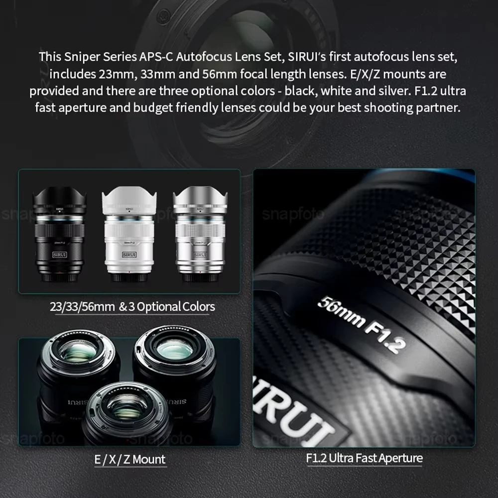 Sirui série sniper 23mm 33mm 56mm f1.2 APS-C lente de foco