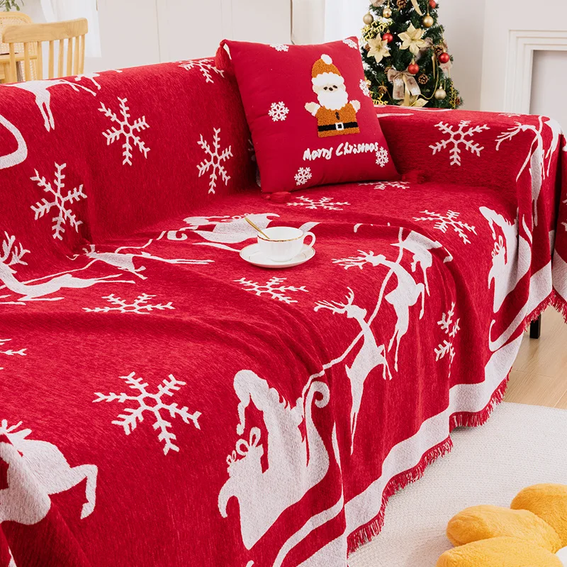 

Christmas Red Sofa Cover with Tassel Couch Towel Machine Washable Holiday Theme Red Grids Sofa Slipcover for Living Room Decor