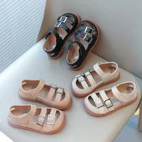Girls Half Sandals 2024 Spring Summer Fashion New Kids Summer Shoes Leather with Metal Buckles Cut-outs Breathable Popular Soft 2