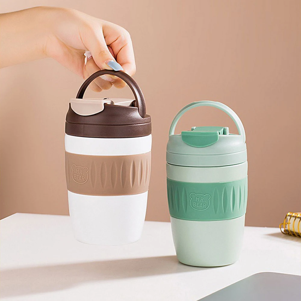 Coffee Cup Vacuum insulated thermose bottle mug w/ built in straw & carry  handle