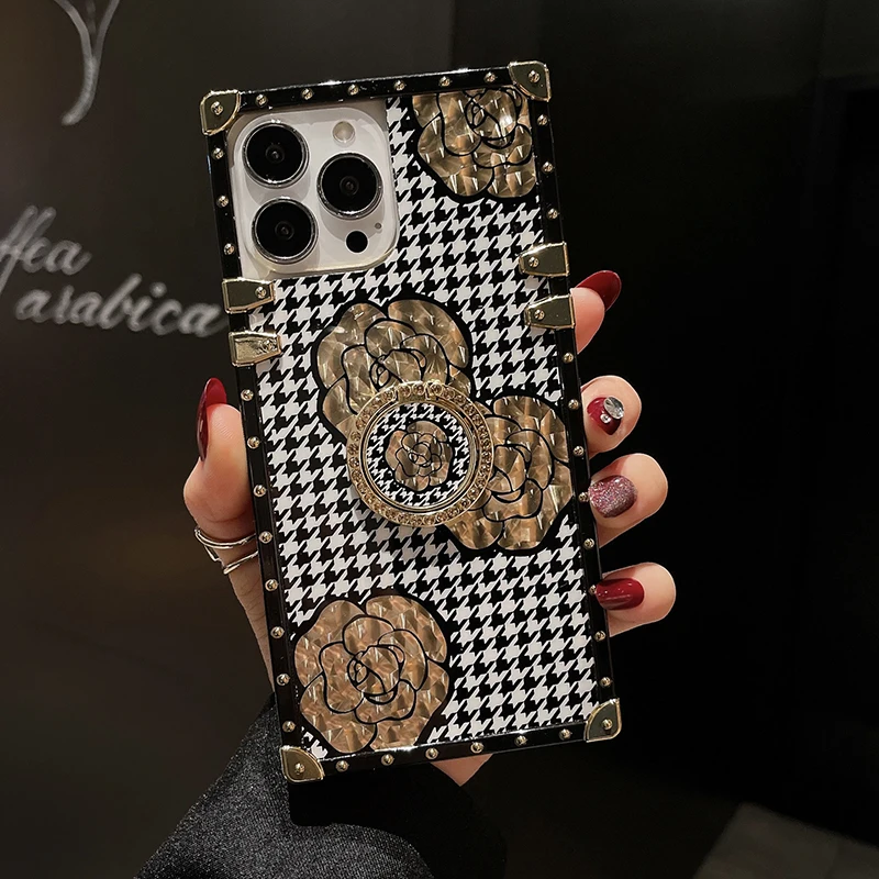 

Luxury Glitter Square Cover Flower Stripe Plaid Case For Xiaomi Redmi Note 9 Pro Max 9S 10 11 12 Pro 10S 11S With Ring Bracket