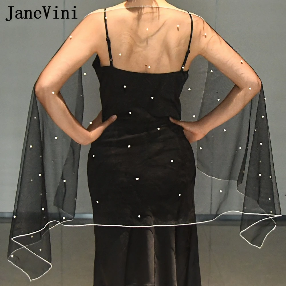 

JaneVini Hot Selling Ivory/Black Wedding Cape Wraps Elegant Pearls Shawl for Evening Dress Jackets for Women Tulle Bolero Stoles