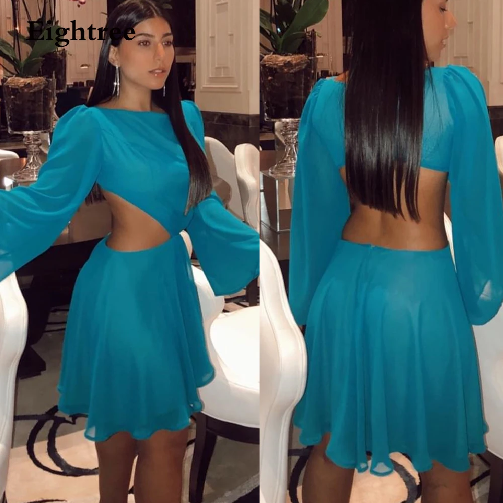 

Eightree 2022 Modern Blue O Neck Chiffon Short Formal Wedding Club Party Dresses Saudi Arabic Night Evening Dress Prom Gowns
