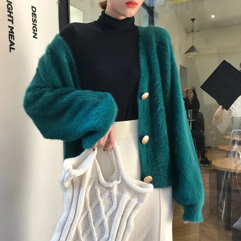 Luxurious Vintage Green Jacket Elegant Loose Women Knitted Cardigans Lantern Sleeve Mohair Jumpers Winter Female Fluffy Jackets