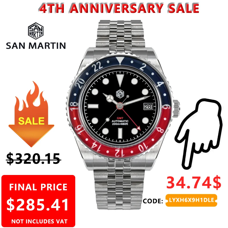 San Martin 40Mm Orologio Subacqueo Gmt Nh34 Orologi Meccanici Automatici Sport Luminoso Bidirezionale Zaffiro Lunetta Impermeabile 20 Bar