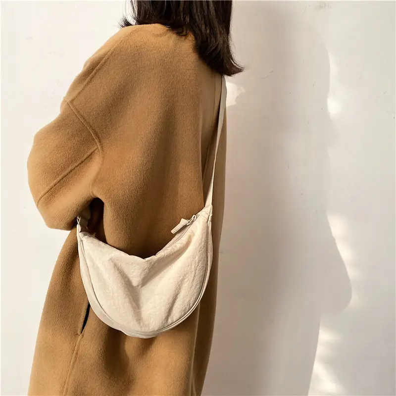 Round Mini Shoulder Bag    Anywear Unisex Women’s Men’s Solid Color Large Capacity Travel Crossbody Chest Half Moon mens womens Crescent Moon Bags Daily Cotton Filled Baggage for Man Woman in Khaki beige Uniqlo better free shipping 