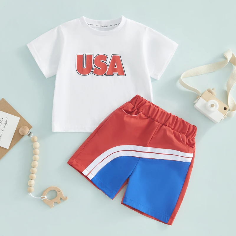 

Independence Day Kids Boys Clothes Suits Letter Print Crew Neck Short Sleeve T-Shirts Tops and Patchwork Shorts 2Pcs Set