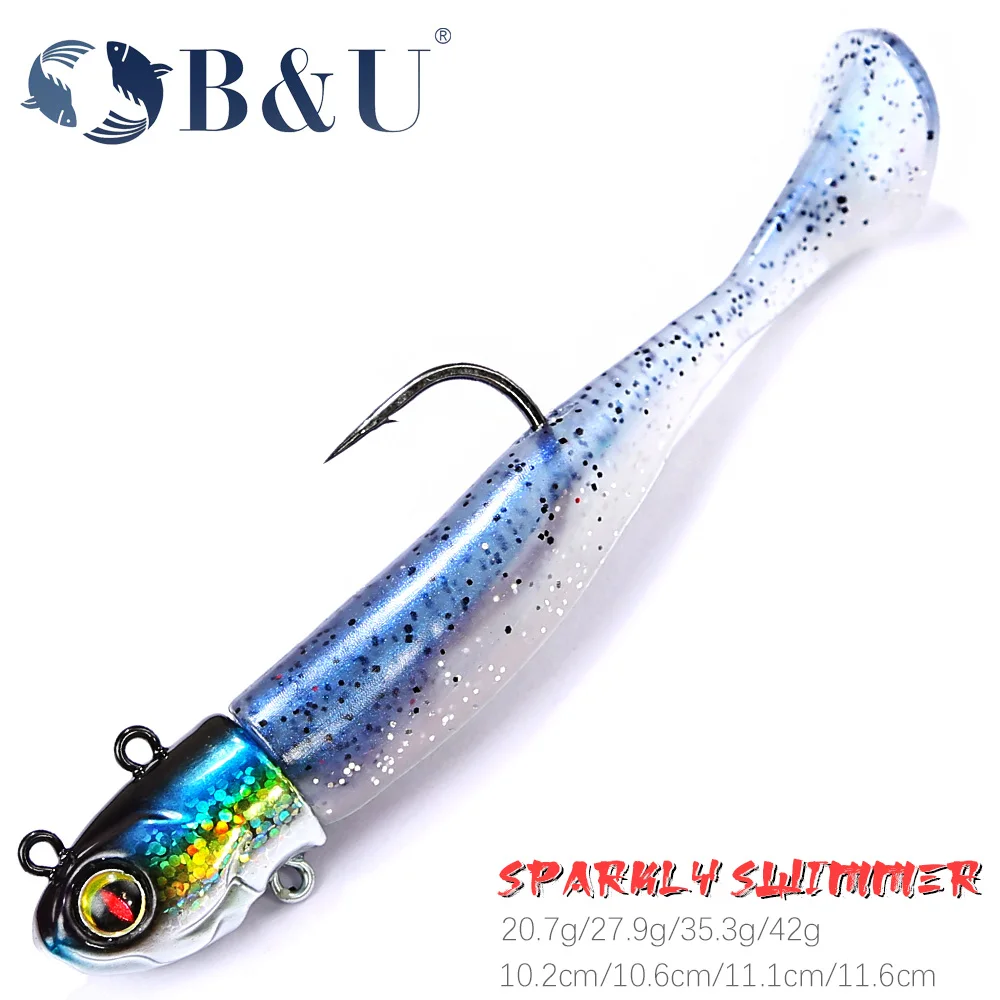 B&U Soft Fishing Lure Tail Jig Head Hook Minnow Artificial Bait Saltwater Sea Bass Swimbait Tackle Gear