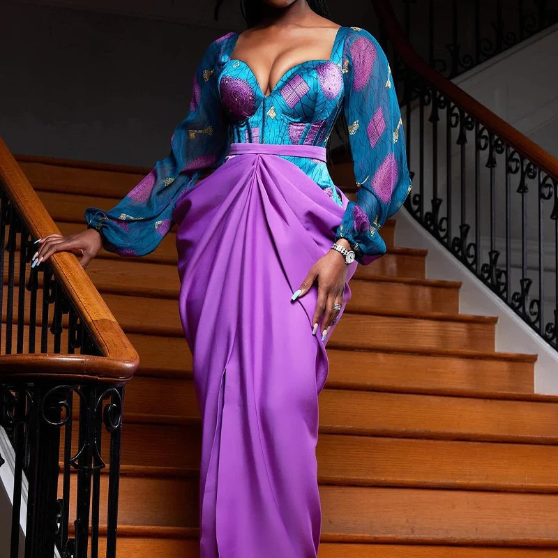 

Elegant Pattern Printed Patchwork Slim Robe Dress Casual Puff Long Sleeve Draped Long Dress Women Sexy Low Bodycon Party Dresses