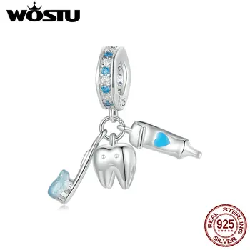 WOSTU 925 Sterling Silver Dente Spazzolino Dentifricio Ciondolo Pendenti e Ciondoli Perlina Blu Misura Braccialetti Originali Collane FAI DA TE Creazione di Gioielli 1