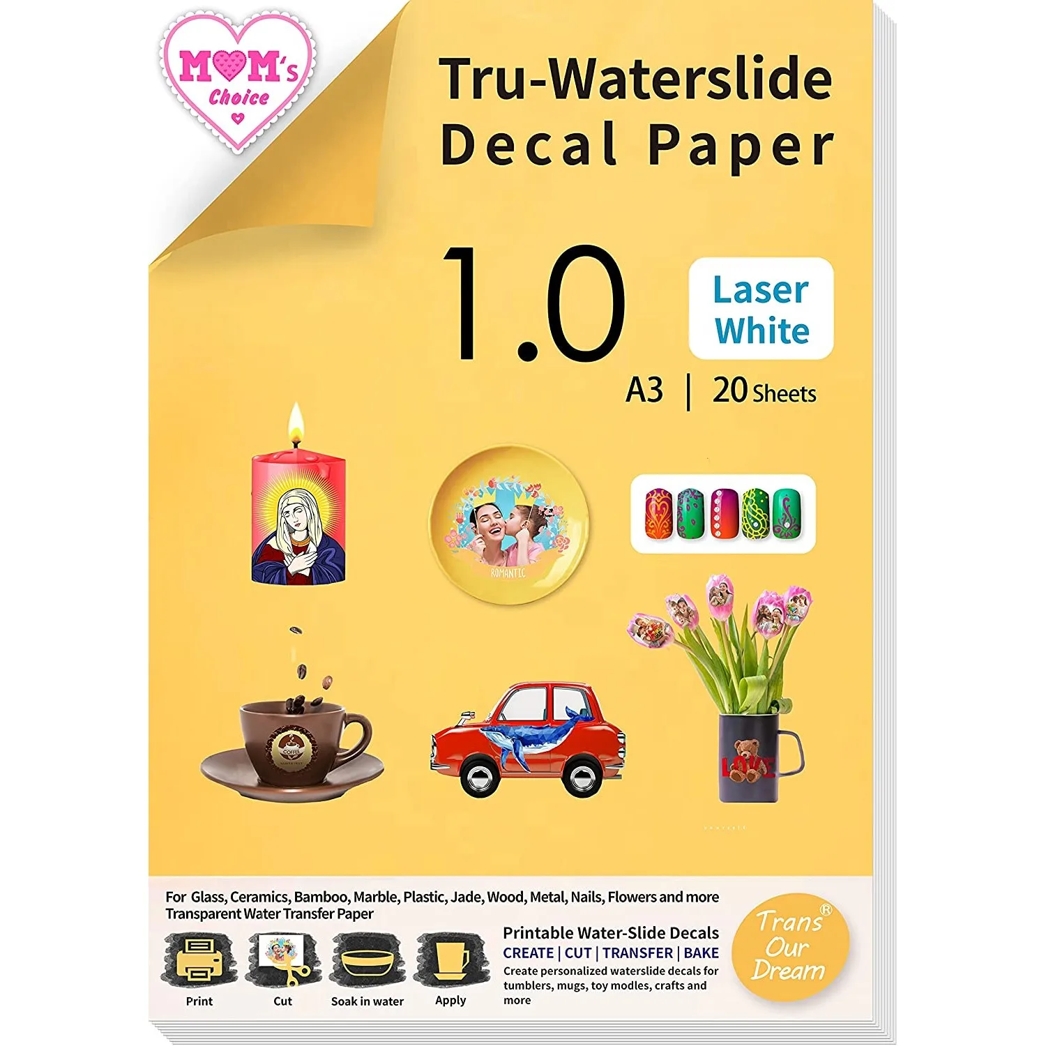 A3 Water Slide Decal Paper for Laser Printer White Waterslide Transfer Printable Waterslide Paper for Tumblers Mugs Glasses