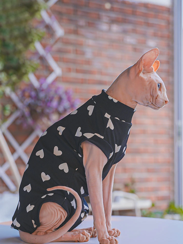 

Черное флисовое пальто для кошек Sphynx, одежда для лета и весны, мягкая толстовка с сердечками для котят Devon Rex, мультяшная футболка для котят