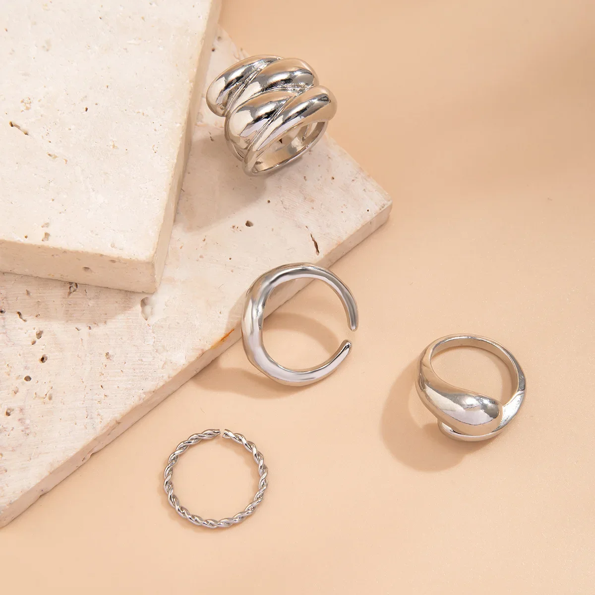 5Pcs Personality Rock Polished Chunky Dome Finger Ring Set for Women Adjustable Twist Knuckle Rings Retro Simple Metal Jewelry