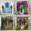 Fence Flowers Shower Curtains Blue Window Nature Floral Plants Scenery Modern Garden Wall Hanging Home Bathroom Decor with Hooks 1
