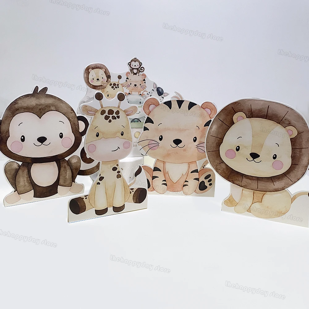 6Pcs Jungle Animals Cutouts KT board Safari Birthday Party Backdrop Monkey Lion Zebra Wild One Birthday Baby Shower Party Decor