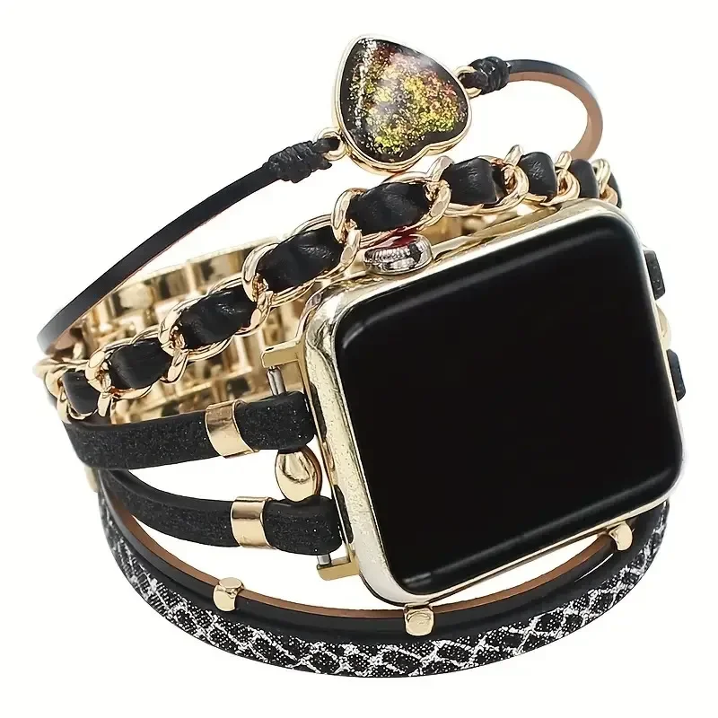 Elegant Metal and Leather Bracelet Link Watch Band Strap