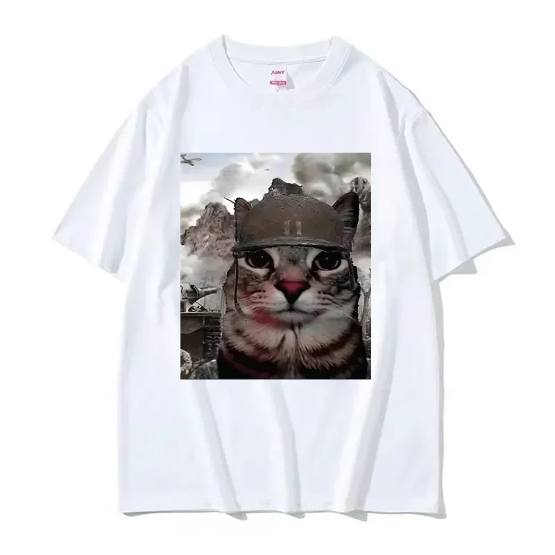 Fashion Thousand Yard Stare Print Funny Cat Meme T Shirts Men Women's Casual Short Sleeve T-shirts Oversized T-shirt Streetwear 2