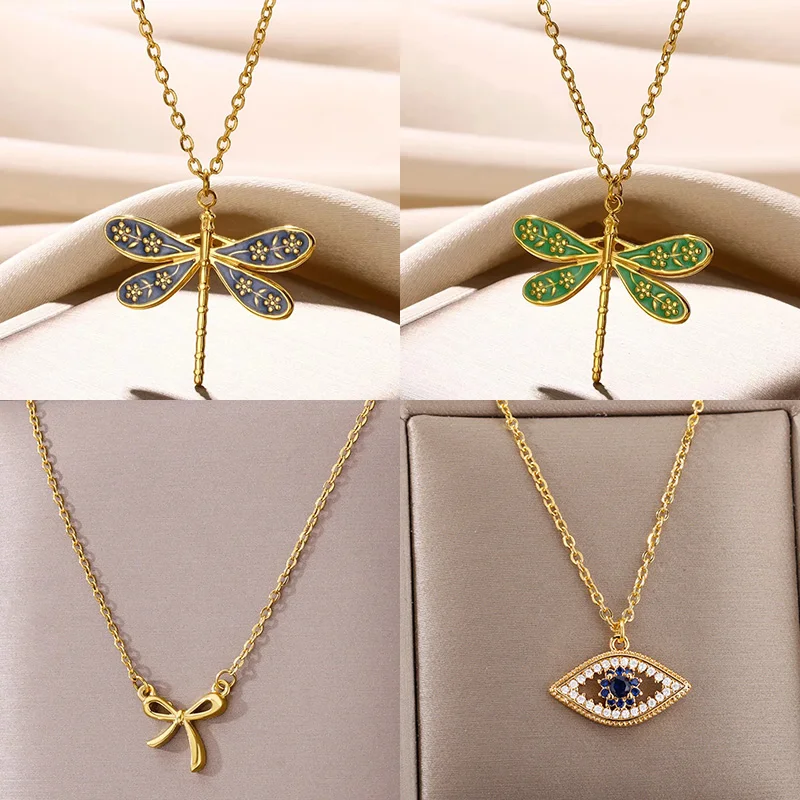 Stainless Steel Dragonfly Necklaces For Women 18K Gold Plated Choker