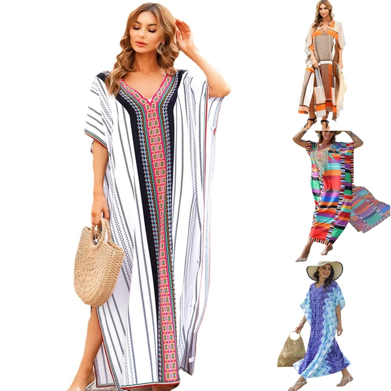 

H58D Women Holiday Beachwear Turkish Kaftan Boho Multicolor Geometric Striped Printed Swimsuit Cover Up V-Neck Maxi Dress