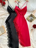 2 piece women's Sexy Sleepwear Set lace trim slit suspender nightdress