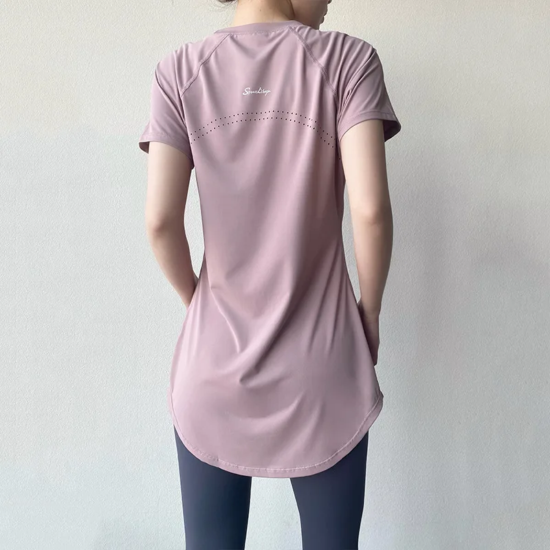 Xlwsbcr Yoga Sport Top Women Short Sleeve Shirts Cover Hip Gym Shirt Fitness Workout Pilates Wear Fitted Tops Quick Dry Blouse