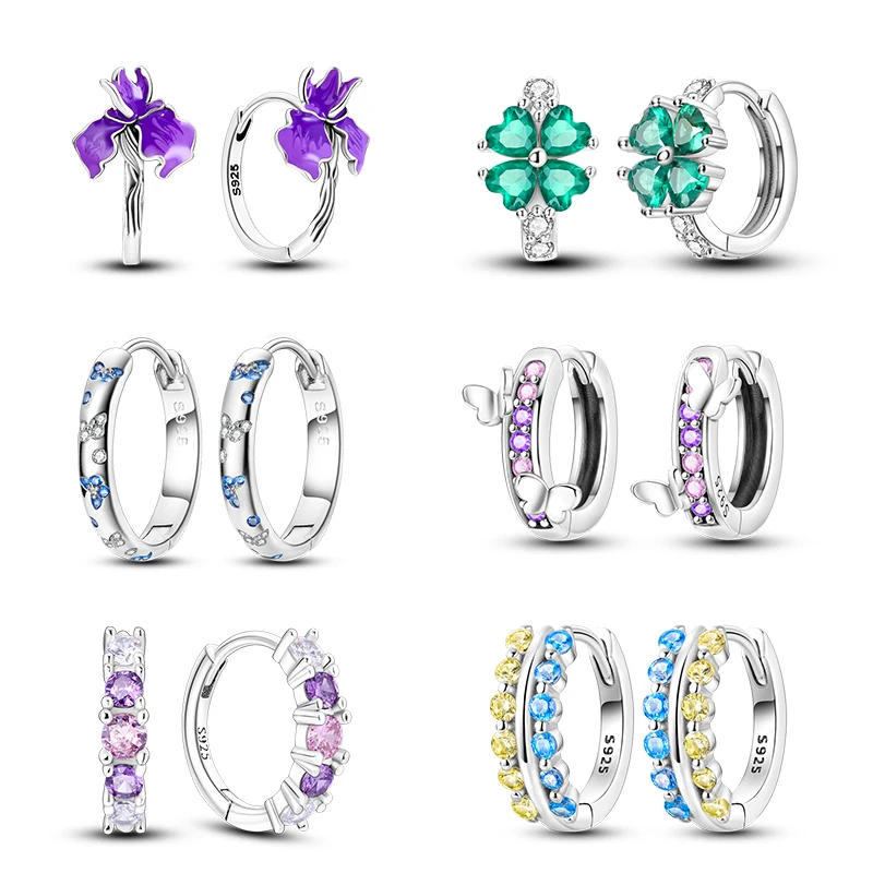 925 Sterling Silver Hoop Earrings Butterfly Pink Purple Romantic Flower Women Earrings For Birthday Engagement Gift silver hoop earrings,silver earrings,hoop earrings,womens earrings