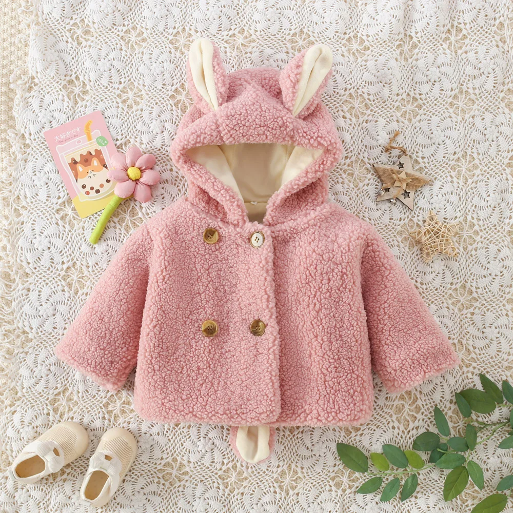 Winter New Plush Thick Coat Hooded Rabbit Ears For Boys And Girls Lamb Fleece Warm Solid Color Top