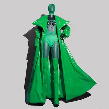 섹시한 레이스 바디 수트 PU 가죽 코트, 드래그 퀸 의상, 과장된 무대 의상, 패션 이벤트 의류, 카니발 착용, VDB6774