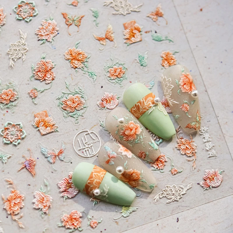 레트로 모란 나비 자수 효과 중국 꽃 왕 소프트 릴리프 양각 자기 접착제 네일 ..