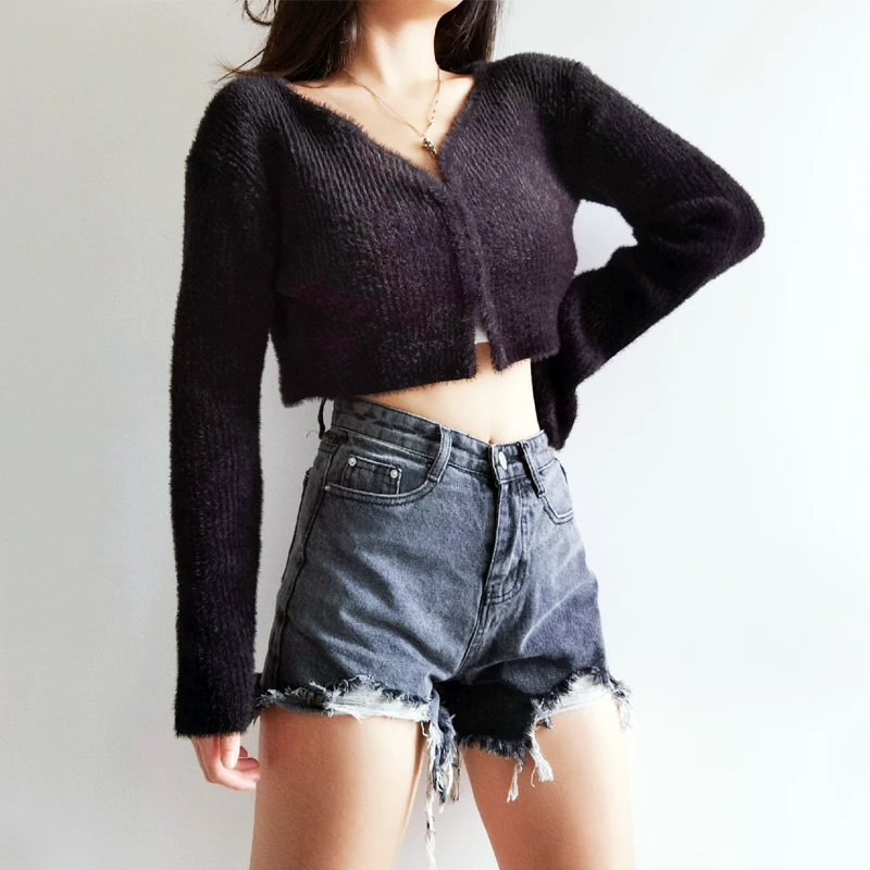 

Sweater Women's V-neck Split Ribbed Hippocampus Handmade Crochet Sleeves Button Knitted Lazy Loose Cardigan Short Jacket 2021