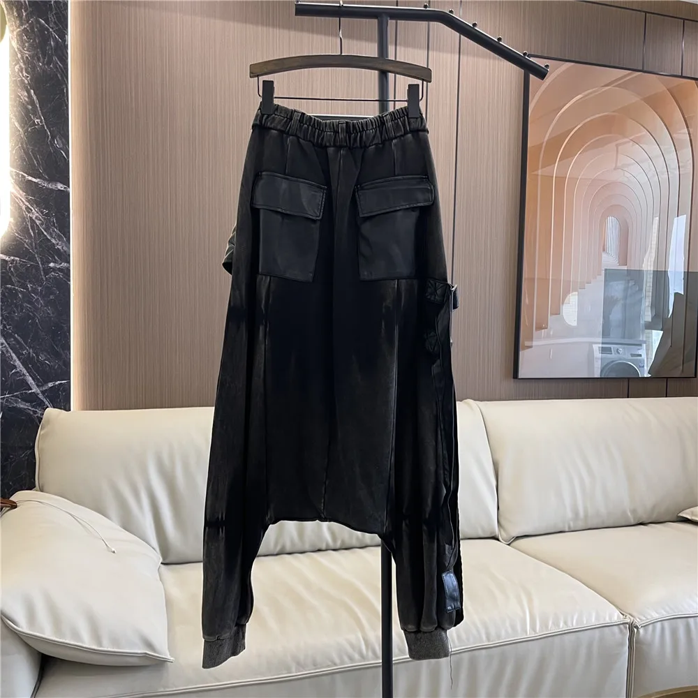 Fashion Trousers With Skirts Personality Street 2024 Spring Summer New Oversize Loose Leather Pants Crotch Pants Women's Clothes