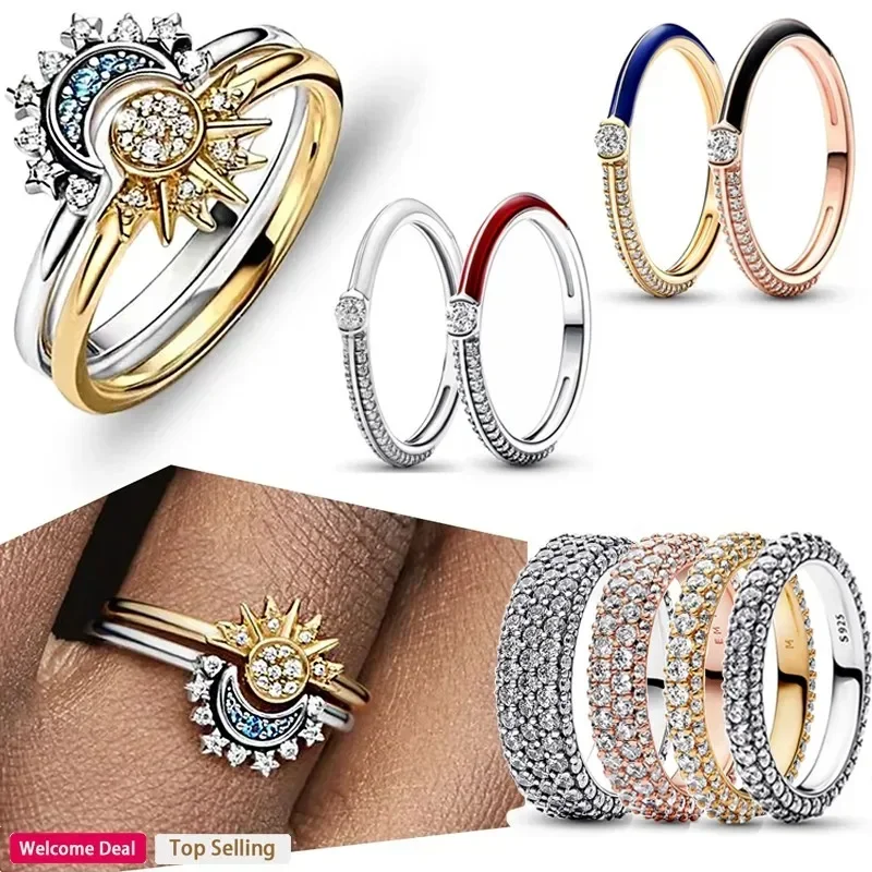 

New Hot 925 Sterling Silver Shining Dense Set Sun Moon Dropping Gel Women's Logo Ring Couple Light Luxury DIY Charm Ring Gift