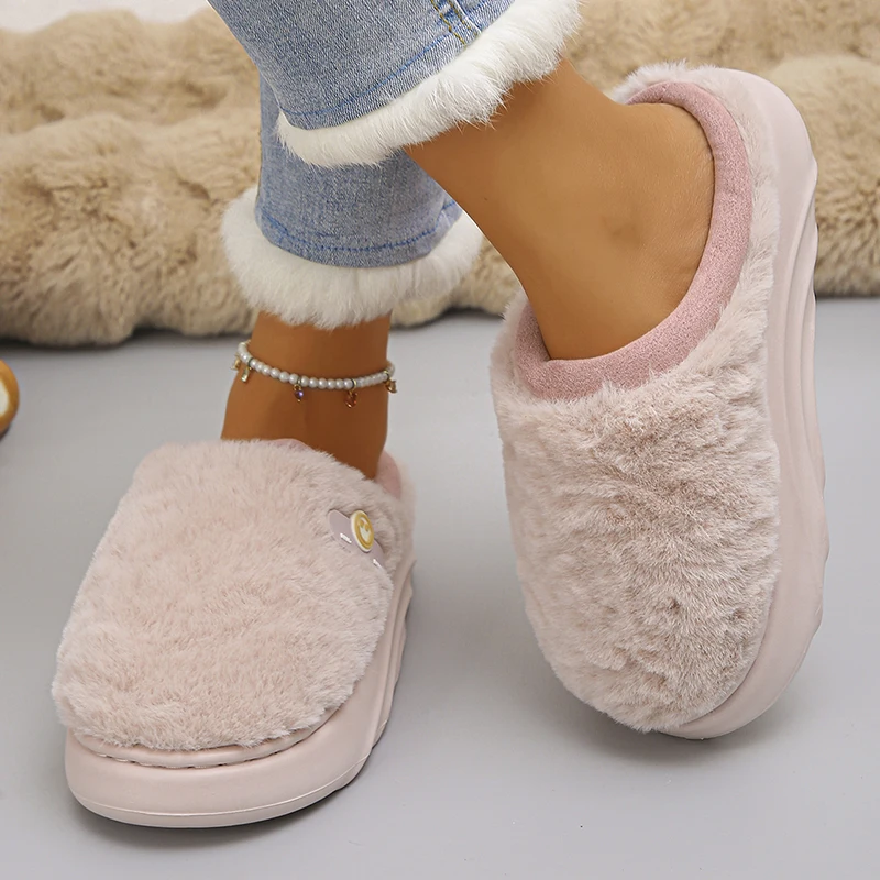 2025 Winter Indoor Cotton Slippers Women Lightweight Thick Sole Fluffy Fur Slides Woman Comfortable Non Slip Home Slippers 45