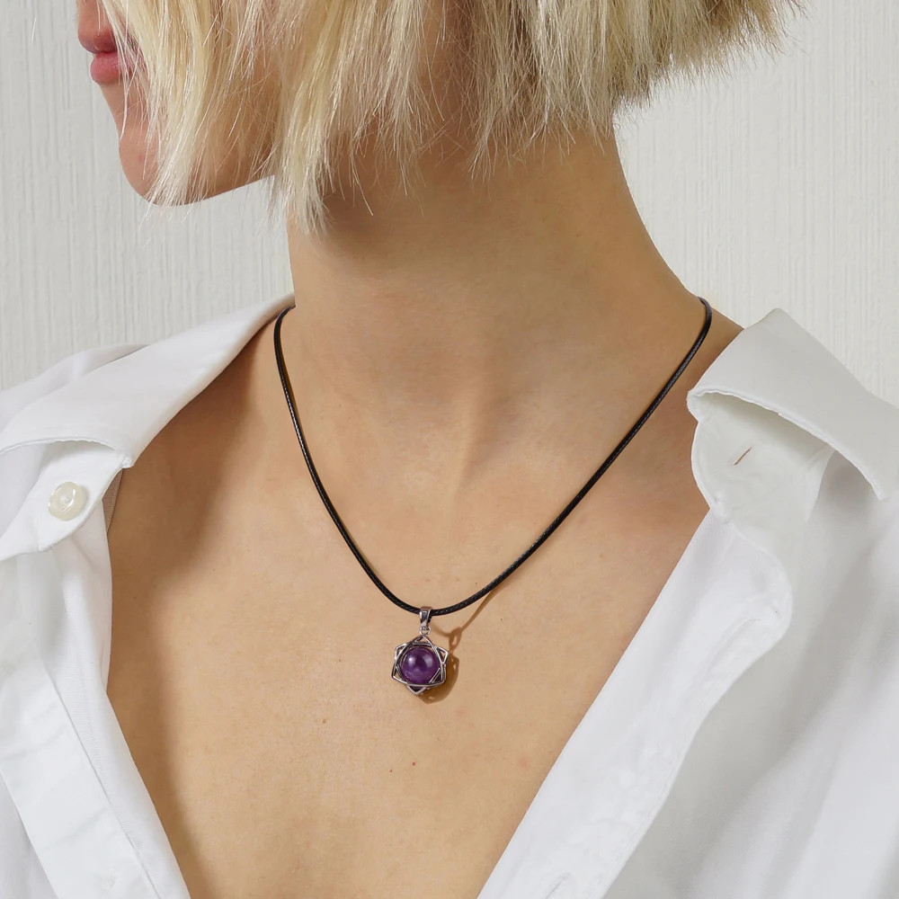 Hexagram Star Stone Pendent Necklace Natural Amethysts Quartzs Gem