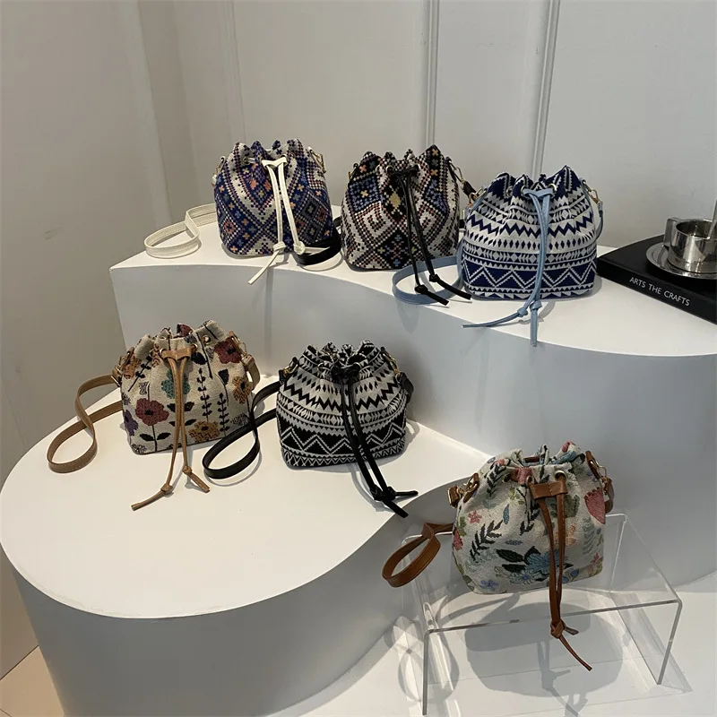 Women's White Bucket Bag with Vibrant Floral Pattern Adjustable Drawstring Closure Convertible Crossbody/Handbag for Women Bag