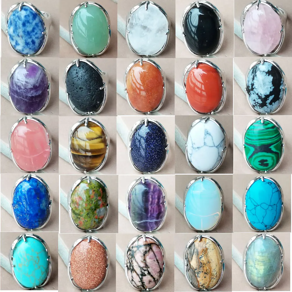 Occhio Di Tigre Labradorite Lapislazzuli Malachite Howlite Cristallo Blu Sabbia Avventurina Opale Lava Goldstone Ovale Art Bead Ring Wfh940