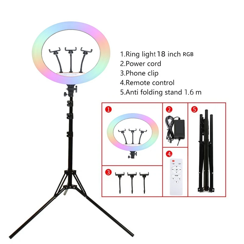 18 Inch Rgb Ring Licht Fotografie Ring Lamp Met Statief Afstandsbediening 45Cm Led Fill Licht Dimbaar Selfie Live Verlichting