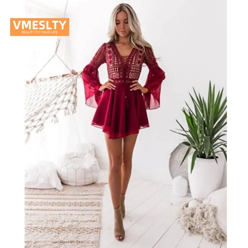 

VMESLTY Princess Elegant Water Soluble Lace Crochet Hollow out V-neck Lace Flared Long Sleeve Chiffon Dress
