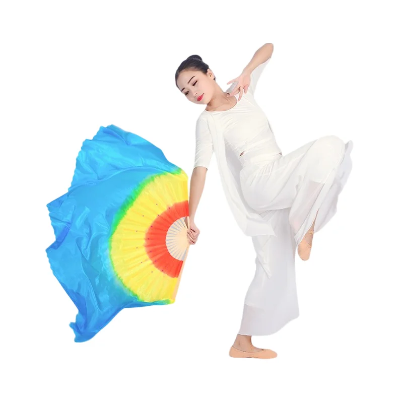 Chinese Traditional Bamboo Fan Veil Imitation Polyester Silk Veil Extra Long Square Yangko Folk National Dancer Practice Props