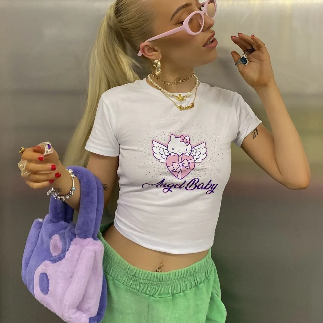 

Женский летний топ Sanrio Y2K с рисунком Hello футболка Китти, модный сексуальный облегающий топ с круглым вырезом и коротким рукавом, Ins