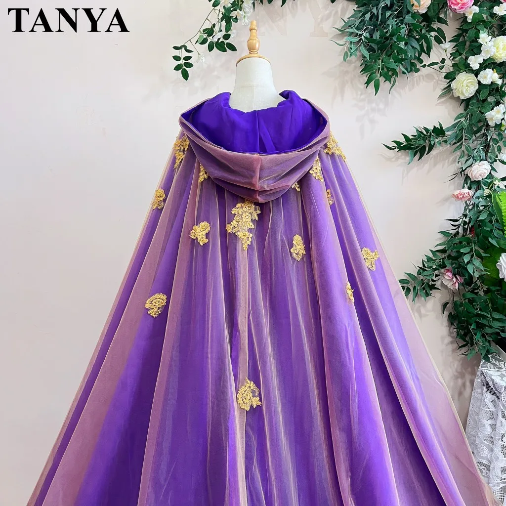 Purple Long Lady Cape With Gold Lace Appliques,Romantic Long Cape