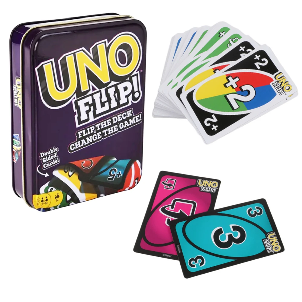 Mattel UNO 플립 가족 재미있는 엔터테인먼트 보드 게임 포커 어린이 장난감, 틴 박스 카드 게임