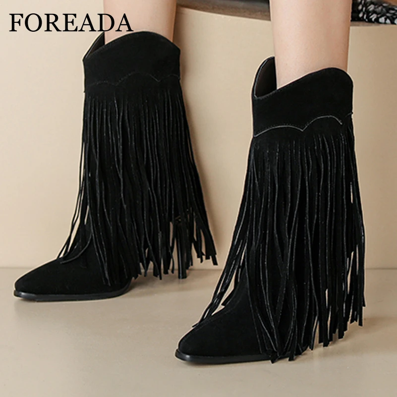 

FOREADA Woman Ankle Boots Square Toe Thin High Heels Tassel Western Short Boots Lady Fashion Shoes Autumn Winter Green Black 44