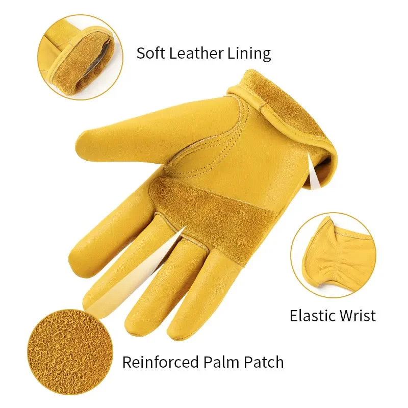 Leather Work Gloves Men Mechanical Gardening Farm Safety Heavy Duty Work Wood Working Driving Riding Yellow Gloves 5