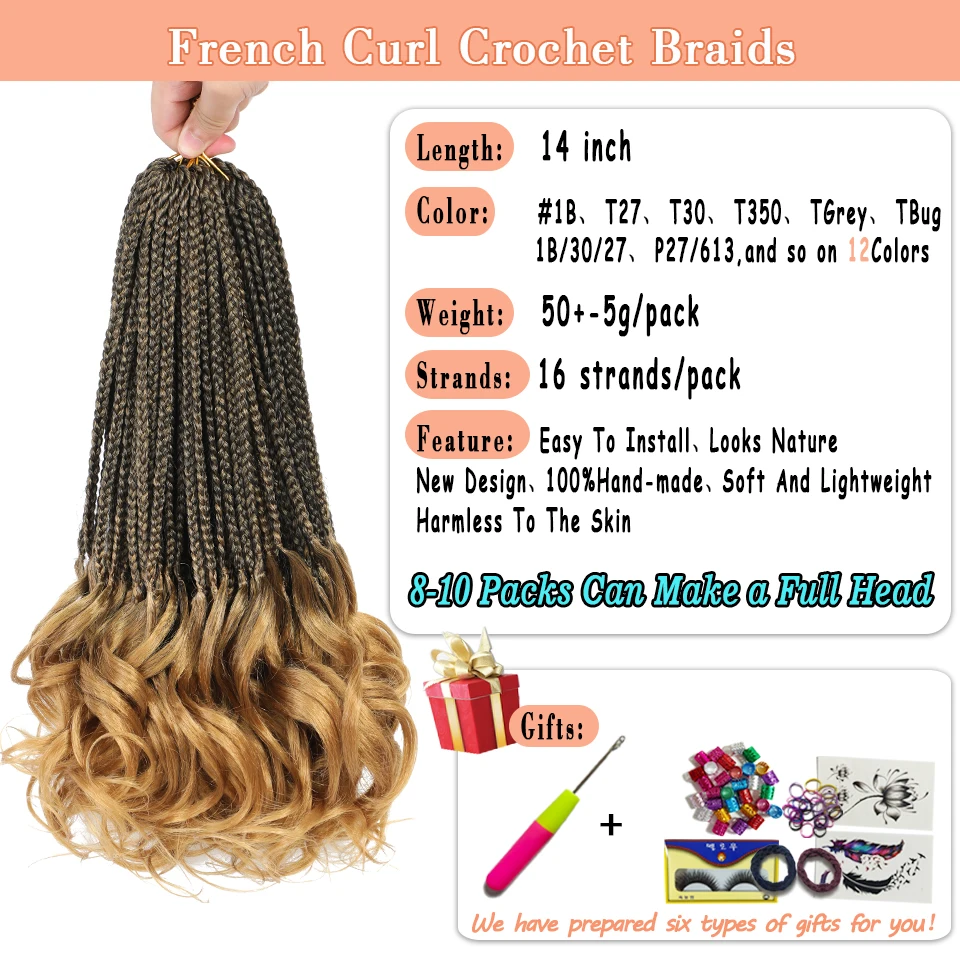 14’’ Synthetic French Curls Crochet Hair Braids Kid-Friendly Ombre Brown to Blonde French Curl Box Braids with Bouncy Curly Ends 3