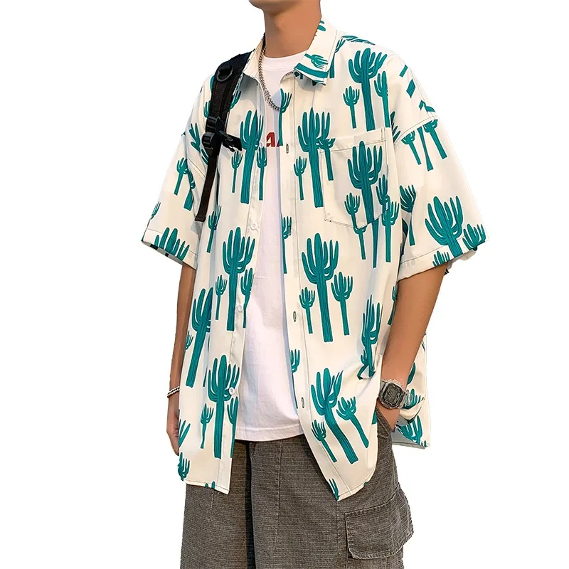 

Men's New Lapel Cactus Print T-shirt Hong Kong Style Summer Comfortable Holiday Style Fashion Wear Shirt