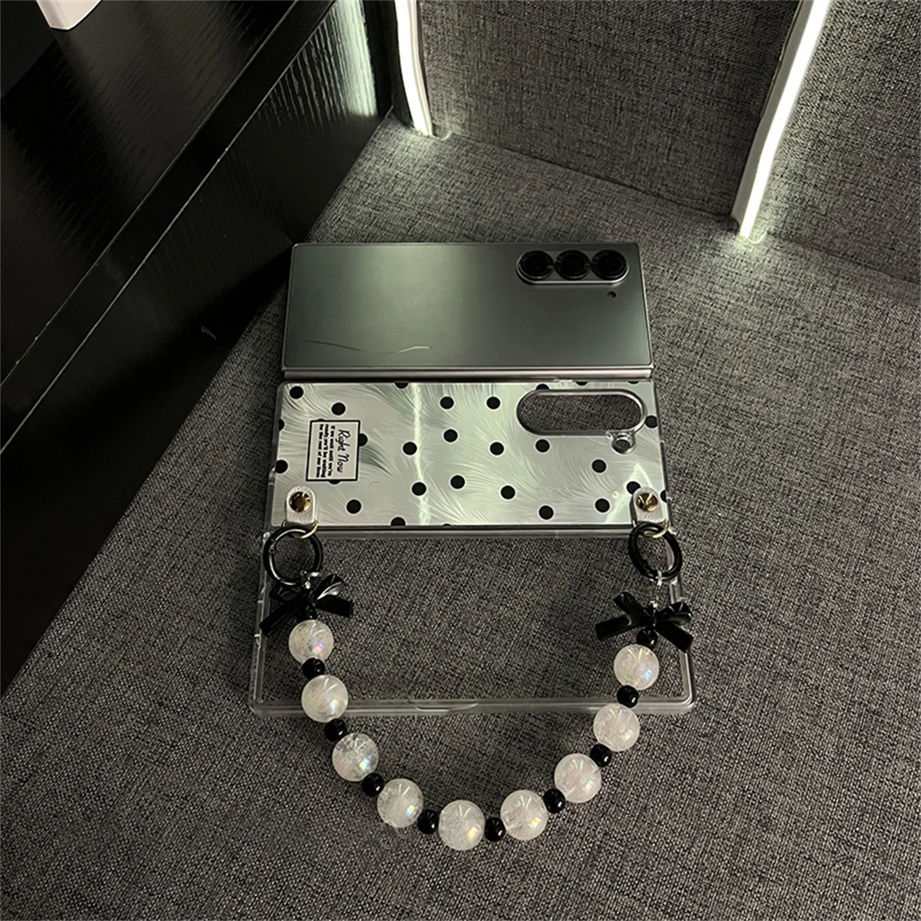 Elegant Black Wave Point Camlet Phone Case with Bow Bracelet Chain