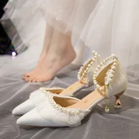 Luxury Silk White Wedding Shoes for Women 2023 Summer Pearl Ankle Straps High Heels Pumps Woman Pointed Toe Heeled Dress Shoes 3
